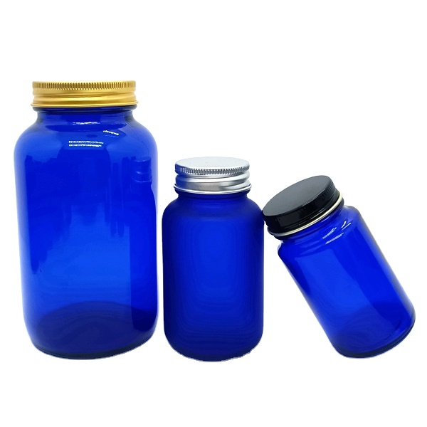 Wholesale 150ml 200ml Wide Mouth Amber Glass Bottle for Pharmaceutical Use Glossy Blue Screw Cap Hot Sale Capsule Jar Low Price