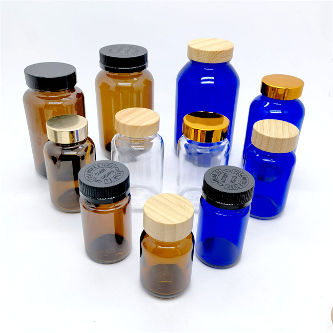 Empty 60ml 75ml 100ml 120ml 150ml 200ml 250ml Amber Packer Capsule Pill Glass Bottle With Anodized Aluminum Lids for Medicine