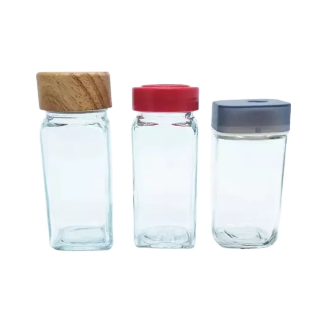 3oz 4oz 6oz Curry Powder Pepper Seasoning Square Glass Spice Bottle for Pepper Salt Sugar Glass Shaker W/Switchable Plastic Lid