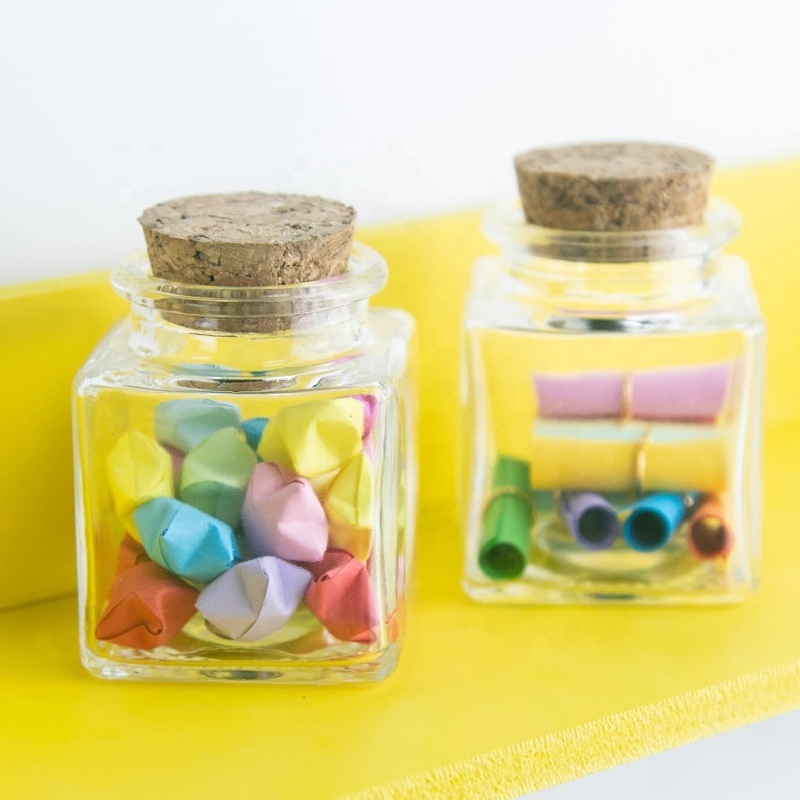 Small clear Glass square Jars with Cork Set of  90 ml with Cork  3oz Tiny Square Glass Jars