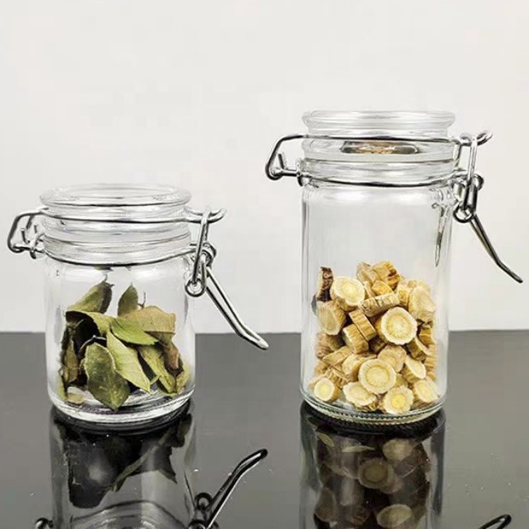 Small Kitchen 1.6oz 50ml Airtight Glass Food Spice Jars 50ml Recycled Round Storage Bottles Pickles Jar with Clip Lids
