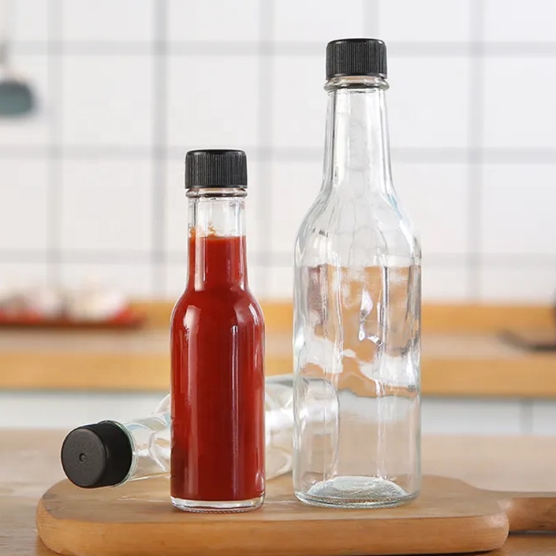 Wholesale Empty Round 3oz 5oz 8oz Glass BBQ Chili Woozy Ring Neck Hot Sauce Bottle with Screw Lids