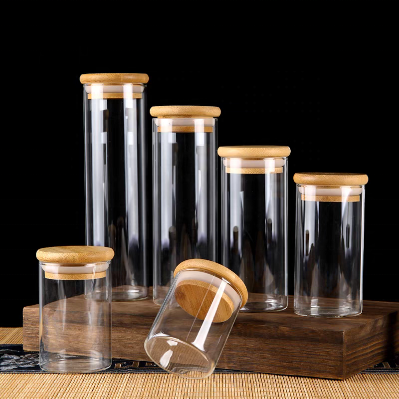 High Borosilicate Glass Tube Jar Round clear Airtight Glass Food Storage & Container With Narual Wooden Lid