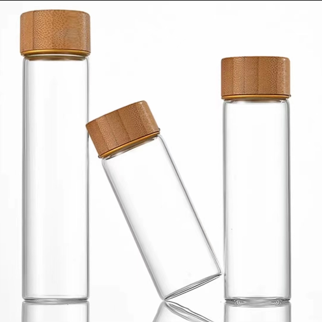 Wholesale Recyclable 30mm Diameter Flat Bottom Borosilicate Glass test Tube Sample Bottle With Bamboo Wooden Screw Lid