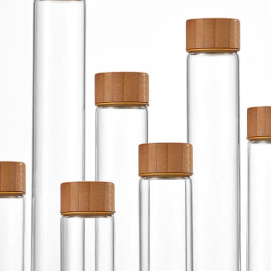 Empty Recyclable 30mm Diameter Borosilicate Glass Vial 10ml  Bottle Tube Glass Storage Jar With Screw Bamboo Cap