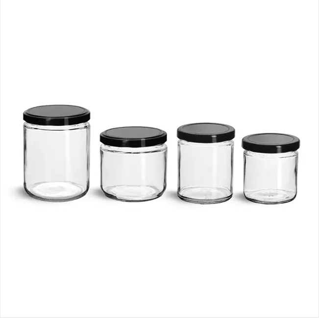 Recyclable 6 oz 8 oz 9 oz Clear Glass Straight Sided Wide Mouth Glass Candle Jars W/ Black Metal Plastisol Lined Lug Caps