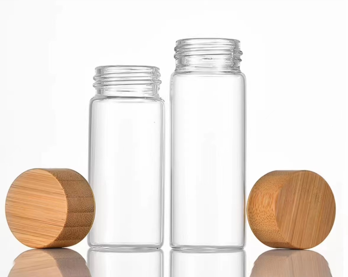 Air Tight Leakproof Recyclable Round Flat Bottom Borosilicate Glass Test Tube Glass Jar Bottle With Bamboo Screw Lid.