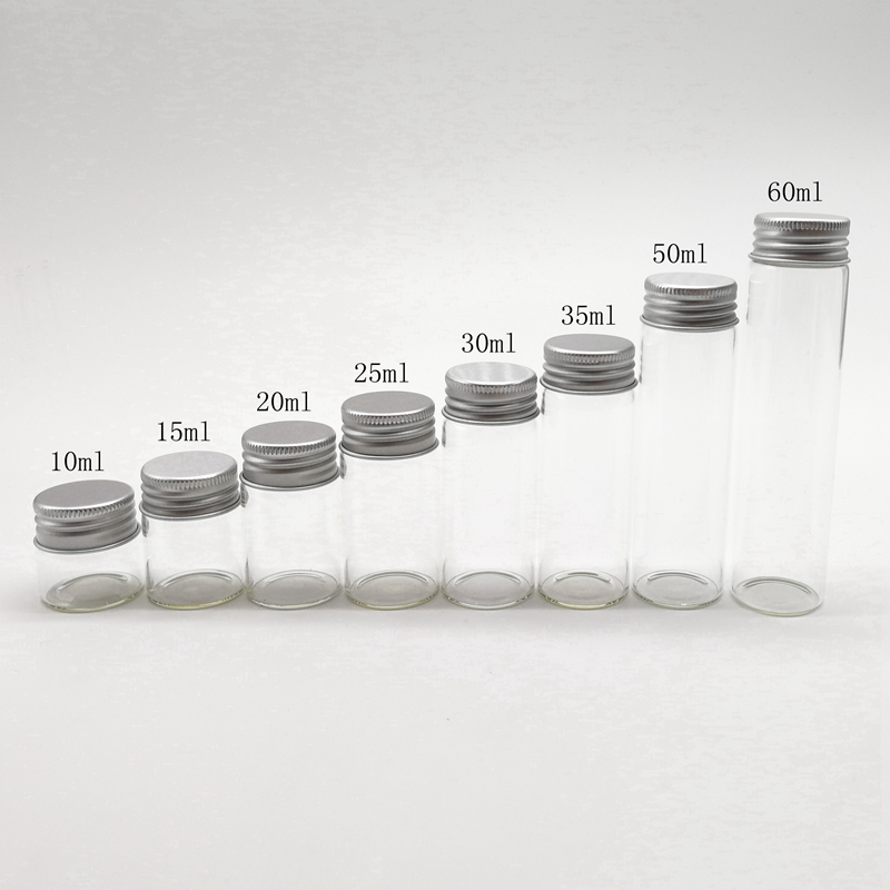 MIni Glass Tube 5ml 10ml 15ml 20ml 25ml 30ml 50ml 60ml 100ml 120ml clear Glass Storage Vial Bottle With Aluminium Screw Cap