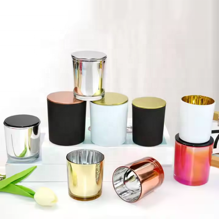 Luxury Frosted Glass Candle Har with Electroplated Metal Lid Empty Aromatherapy Candle Holder Container for Candle Making
