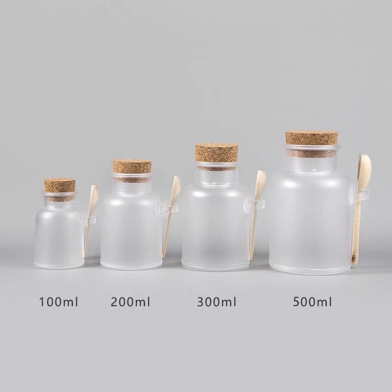 Wholesale Frost ABS Plastic Bath Salt Container Powder Jar With Wood Spoon and Cork Lid 100ml 200ML 300ML for Cosmetic Packaging