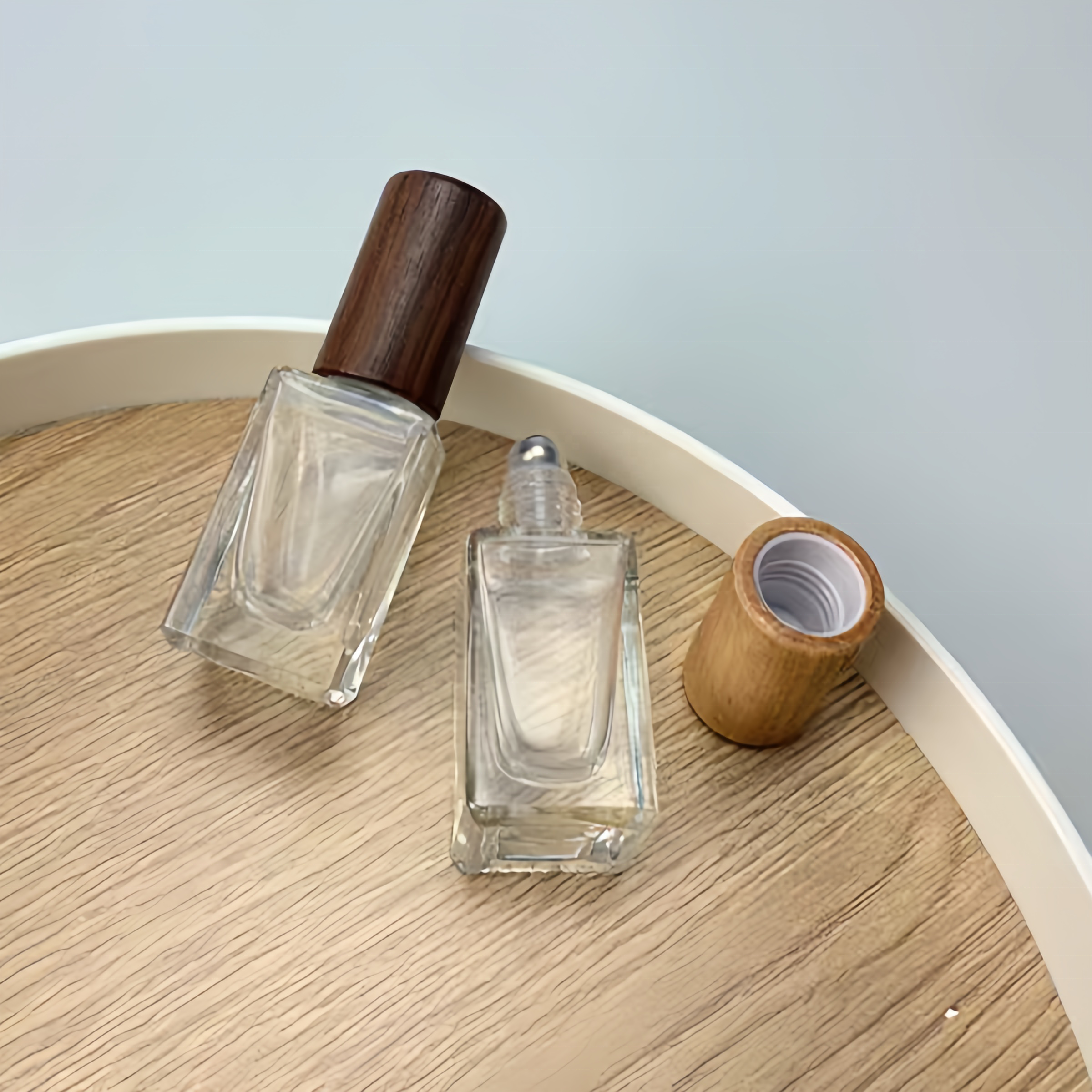 Square Transparent Clear Bamboo Cap Various Size  Glass Roller Ball Bottles